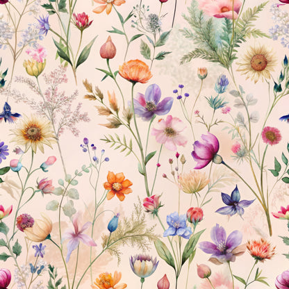 watercolor wildflowers, botanical pattern, pink background, purple flowers, orange blooms, blue petals, delicate stems, meadow flowers, cottage core, whimsical florals, quilting cotton, fabric panel, spring garden, pastel palette, hand painted style, nature inspired, floral repeat, soft romantic, wildflower field