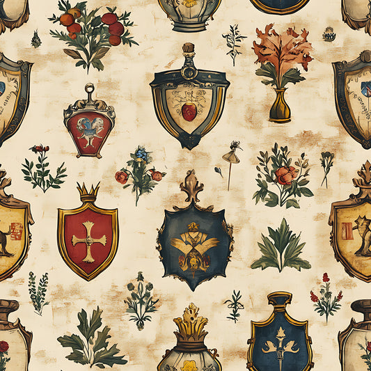 rustic german banners, medieval shields, heraldic crests, coat of arms, botanical florals, vintage roses, ornamental vases, cream background, burgundy red, navy blue, golden yellow, olive green, weathered texture, quilting cotton, fabric panel, european motifs, antiqued finish, decorative emblems, floral sprigs, medieval style