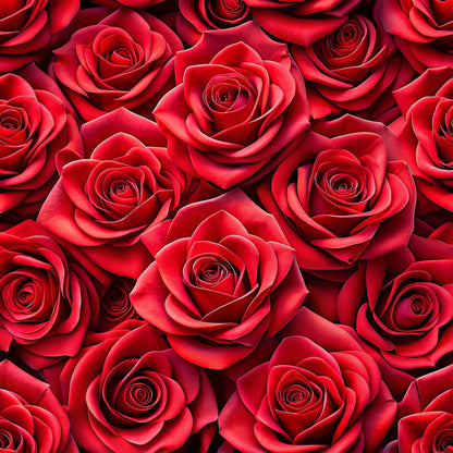 red roses, crimson, deep red, burgundy, realistic flowers, rose pattern, floral design, botanical print, quilting cotton, fabric panel, romantic, elegant, seamless pattern, blooming roses, layered petals, rich colors, valentine's theme, love motif, densely packed, photorealistic