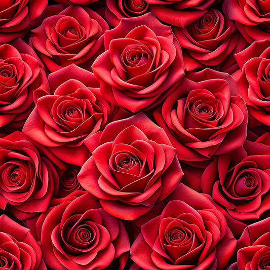 red roses, crimson, deep red, burgundy, realistic flowers, rose pattern, floral design, botanical print, quilting cotton, fabric panel, romantic, elegant, seamless pattern, blooming roses, layered petals, rich colors, valentine's theme, love motif, densely packed, photorealistic