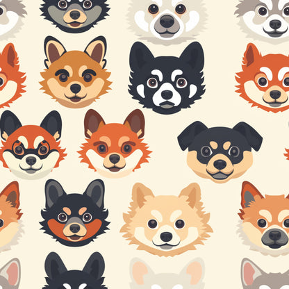 dog faces, puppy heads, cartoon style, beige background, orange, brown, black, tan colors, cute animals, pet pattern, quilting cotton, fabric panel, playful design, different breeds, kawaii style, geometric arrangement, children's fabric, craft material, sewing supplies