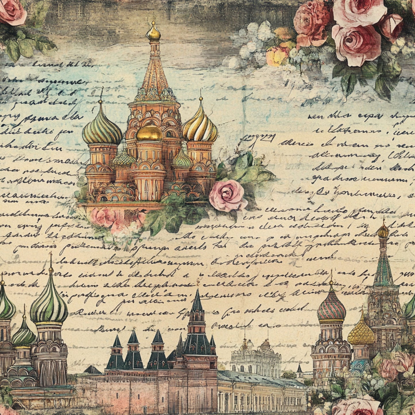 vintage postcards, russian architecture, st. basil's cathedral, onion domes, pink roses, floral motifs, handwritten script, travel theme, muted pastels, sage green, dusty rose, cream background, quilting cotton, fabric panel, nostalgic artwork, european landmarks, botanical elements, aged paper effect, romantic florals, cultural monuments