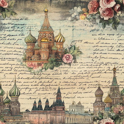 vintage postcards, russian architecture, st. basil's cathedral, onion domes, pink roses, floral motifs, handwritten script, travel theme, muted pastels, sage green, dusty rose, cream background, quilting cotton, fabric panel, nostalgic artwork, european landmarks, botanical elements, aged paper effect, romantic florals, cultural monuments