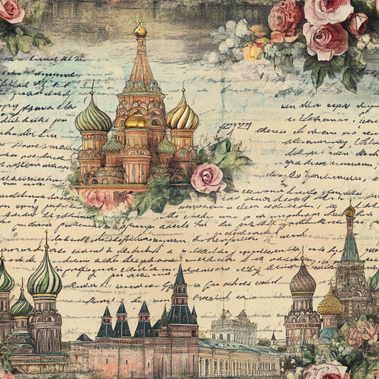 vintage postcards, russian architecture, st. basil's cathedral, onion domes, pink roses, floral motifs, handwritten script, travel theme, muted pastels, sage green, dusty rose, cream background, quilting cotton, fabric panel, nostalgic artwork, european landmarks, botanical elements, aged paper effect, romantic florals, cultural monuments