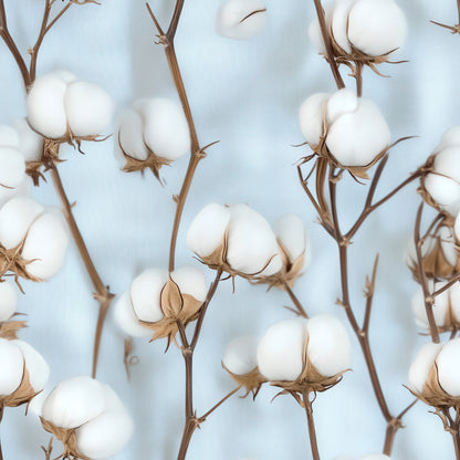 raw white, light blue, cotton bolls, botanical pattern, cotton plants, stems, branches, nature design, organic motif, quilting cotton, fabric panel, soft palette, natural fibers, agricultural theme, pastoral style, repeating pattern, cotton blossoms, plant illustration, cream tones, harvest motif