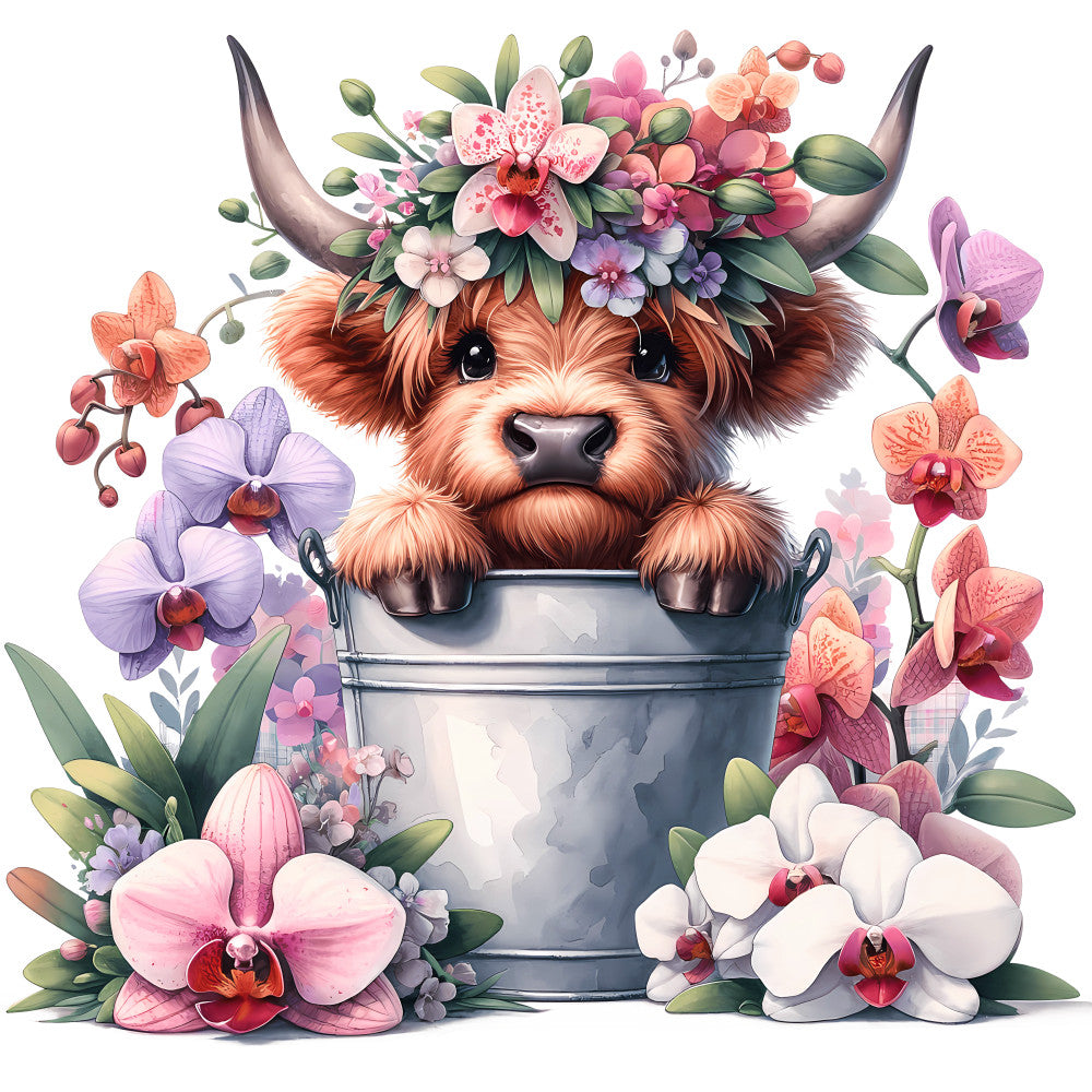 Cute Highland Cows in Buckets Fabric Panel 11