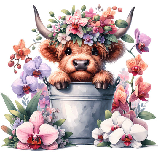 Cute Highland Cows in Buckets Fabric Panel 11