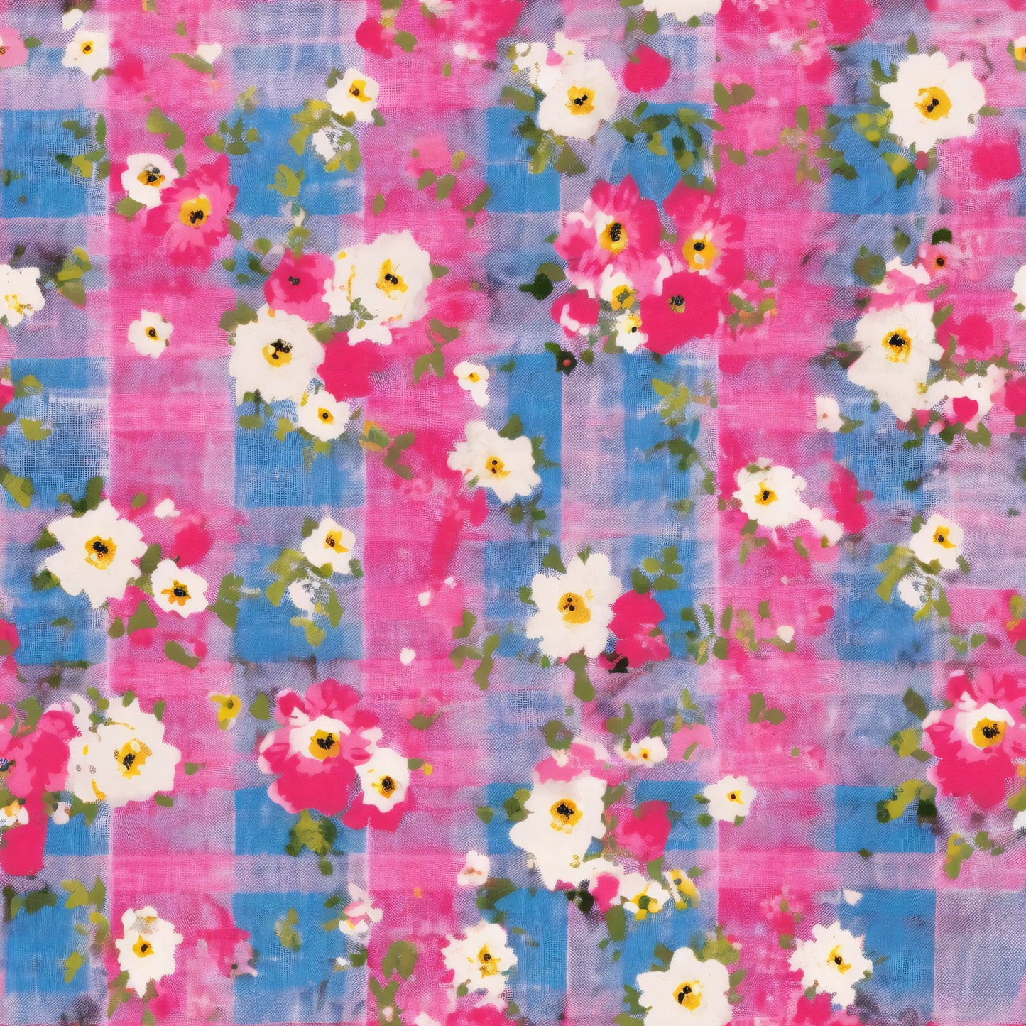 pink, blue, purple, white, yellow, floral pattern, plaid background, country style, quilting cotton, fabric panel, blooming flowers, green leaves, checkered design, feminine colors, rustic charm, cottage core, spring florals, watercolor style, soft pastels, garden theme
