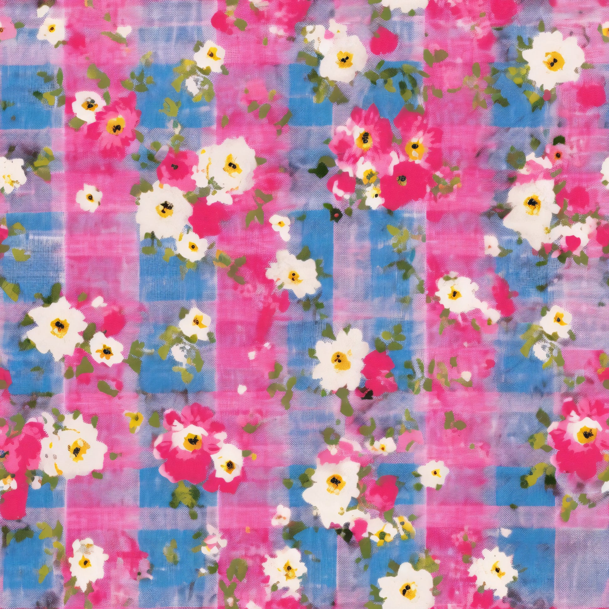 pink, blue, purple, white, yellow, floral pattern, plaid background, country style, quilting cotton, fabric panel, blooming flowers, green leaves, checkered design, feminine colors, rustic charm, cottage core, spring florals, watercolor style, soft pastels, garden theme