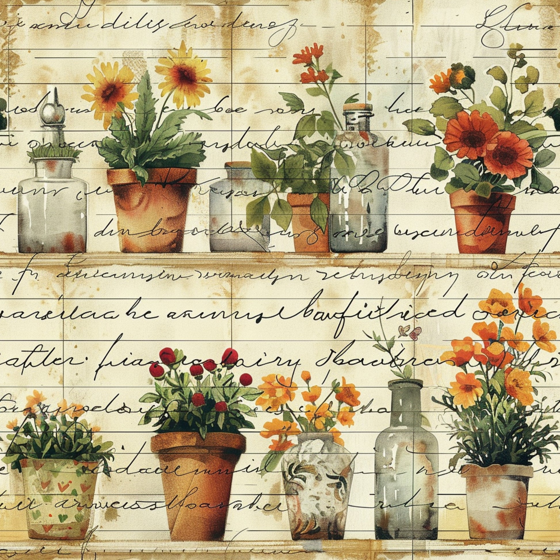 botanical illustration, potted flowers, terracotta pots, glass bottles, sunflowers, orange blooms, red flowers, yellow daisies, green foliage, vintage style, antique paper, cursive script, aged background, cream base, warm colors, garden theme, cottage core, quilting cotton, fabric panel, floral arrangement
