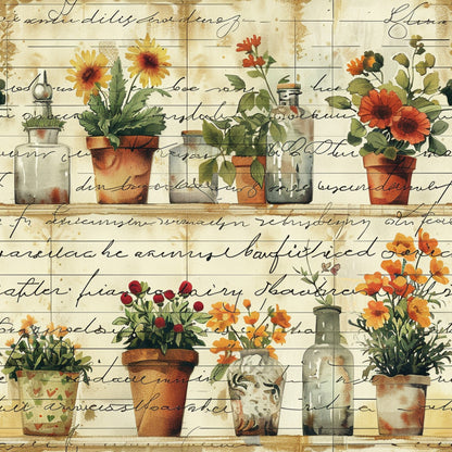 botanical illustration, potted flowers, terracotta pots, glass bottles, sunflowers, orange blooms, red flowers, yellow daisies, green foliage, vintage style, antique paper, cursive script, aged background, cream base, warm colors, garden theme, cottage core, quilting cotton, fabric panel, floral arrangement