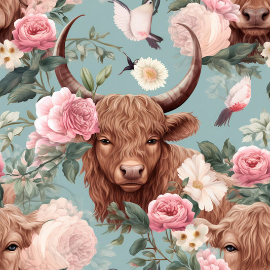 - Vintage Highland Cows Pattern 8 Quilting Cotton Fabric  
- Brown Highland cows  
- Soft pastel pink flowers  
- Cream and white blossoms  
- Green leaves  
- Light blue background  
- Cotton textile  
- Quilting fabric  
- Rustic farm animal design  
- Nature-inspired motif