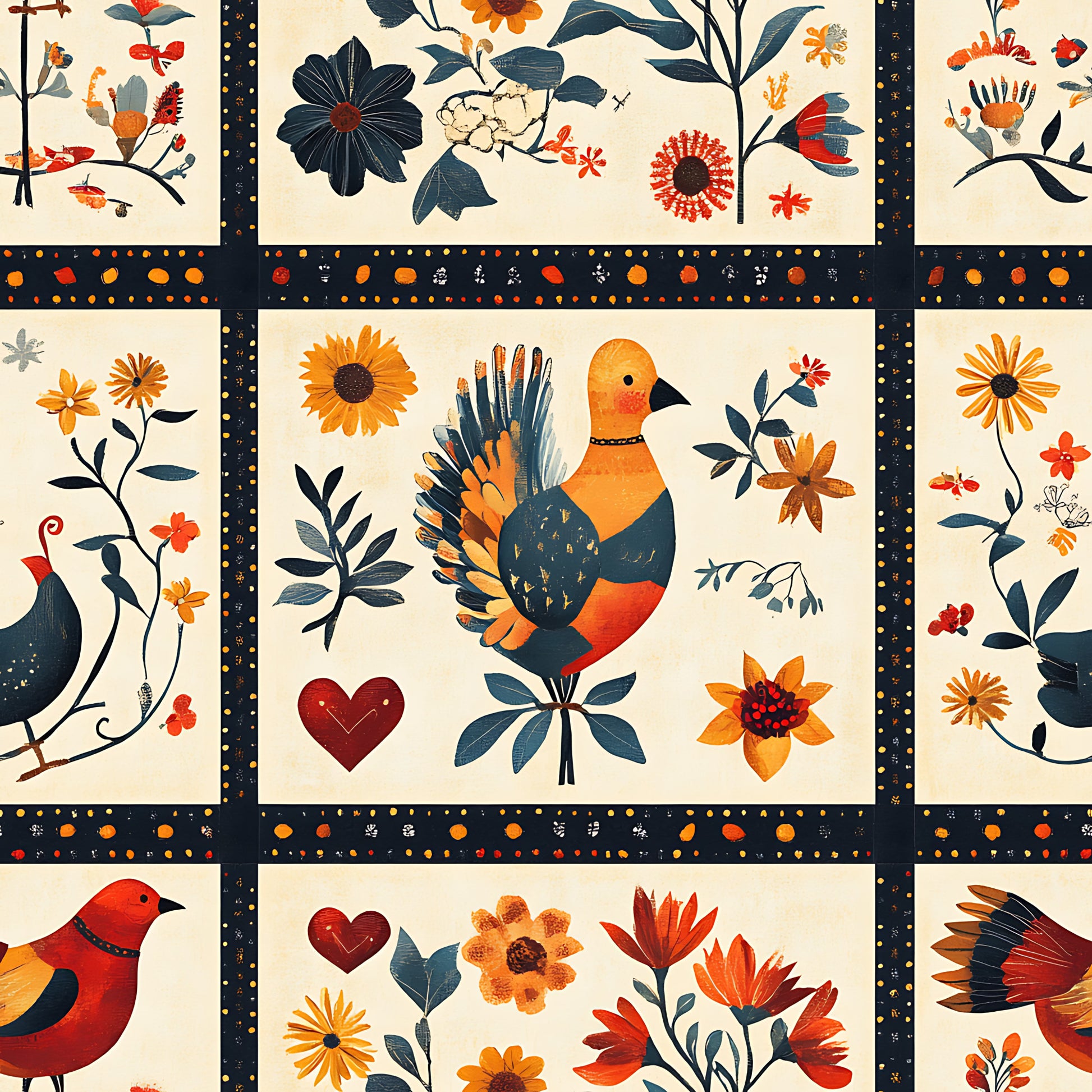 autumn colors, orange, rust red, navy blue, cream background, folk art birds, floral motifs, decorative hearts, quilting panel, cotton fabric, botanical elements, fall flowers, stylized birds, patchwork squares, warm earth tones, country style, seasonal motifs, thanksgiving theme, harvest colors