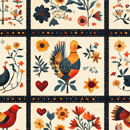 autumn colors, orange, rust red, navy blue, cream background, folk art birds, floral motifs, decorative hearts, quilting panel, cotton fabric, botanical elements, fall flowers, stylized birds, patchwork squares, warm earth tones, country style, seasonal motifs, thanksgiving theme, harvest colors