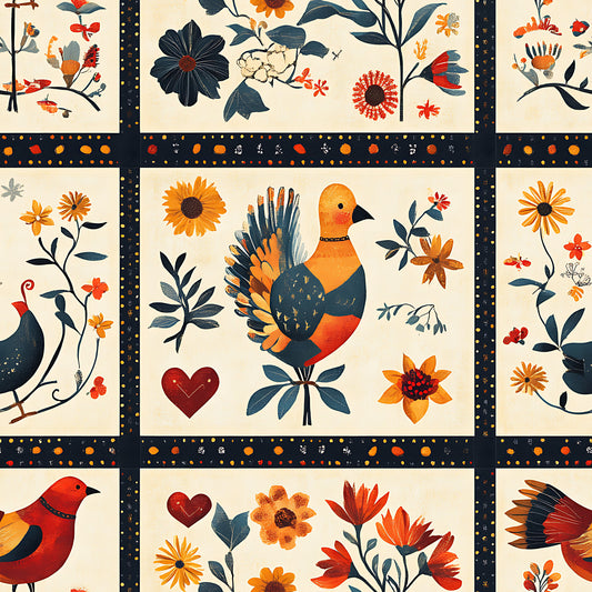 autumn colors, orange, rust red, navy blue, cream background, folk art birds, floral motifs, decorative hearts, quilting panel, cotton fabric, botanical elements, fall flowers, stylized birds, patchwork squares, warm earth tones, country style, seasonal motifs, thanksgiving theme, harvest colors