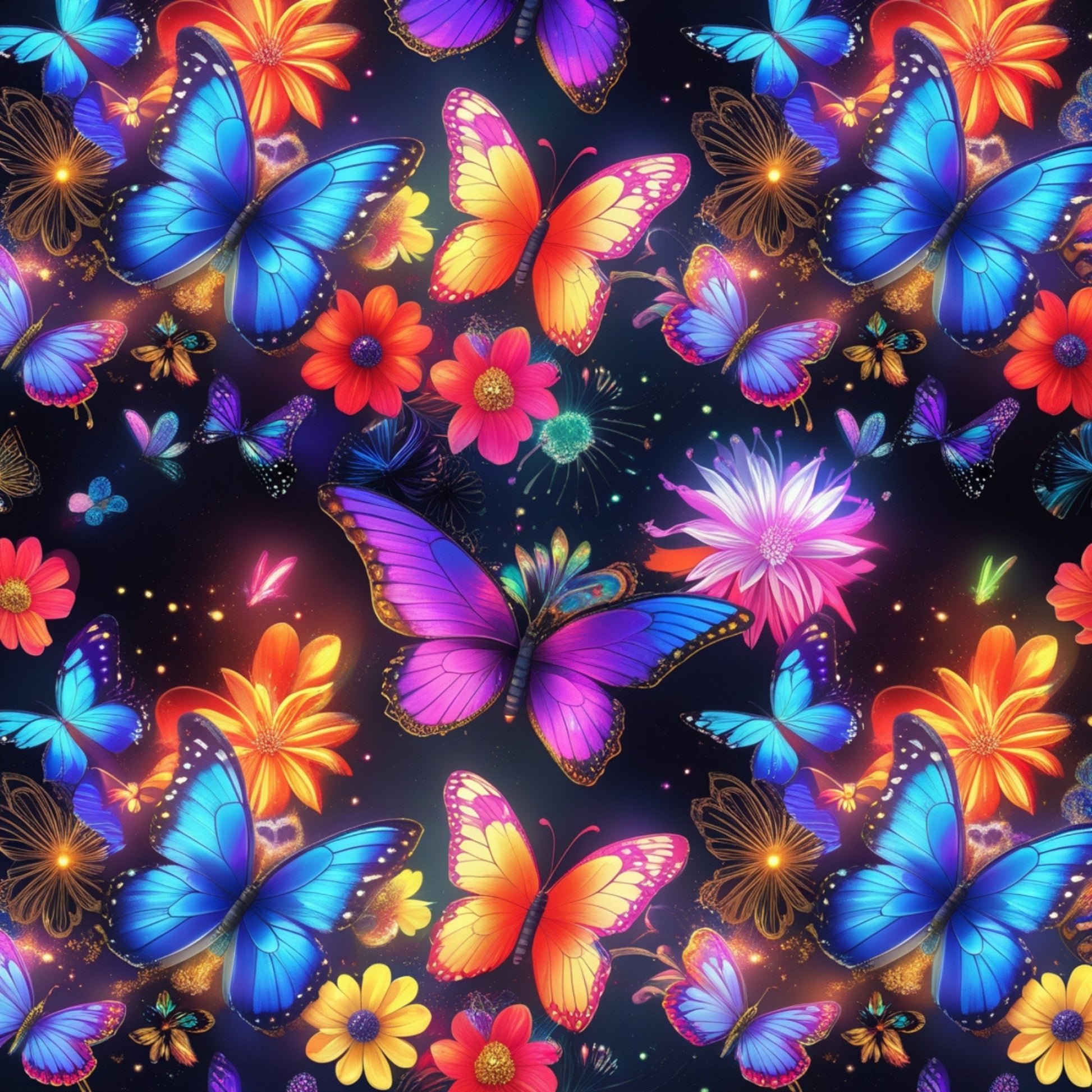 butterflies, vibrant blue, electric purple, bright orange, hot pink, yellow gradients, fantasy pattern, tropical flowers, neon colors, glowing effects, whimsical design, magical butterflies, quilting cotton, fabric panel, colorful wings, floral elements, enchanted garden, luminous design, fantasy creatures, bright florals