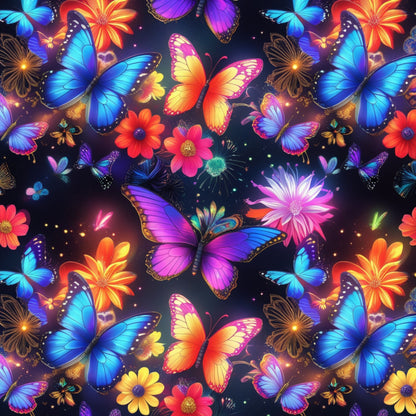 butterflies, vibrant blue, electric purple, bright orange, hot pink, yellow gradients, fantasy pattern, tropical flowers, neon colors, glowing effects, whimsical design, magical butterflies, quilting cotton, fabric panel, colorful wings, floral elements, enchanted garden, luminous design, fantasy creatures, bright florals