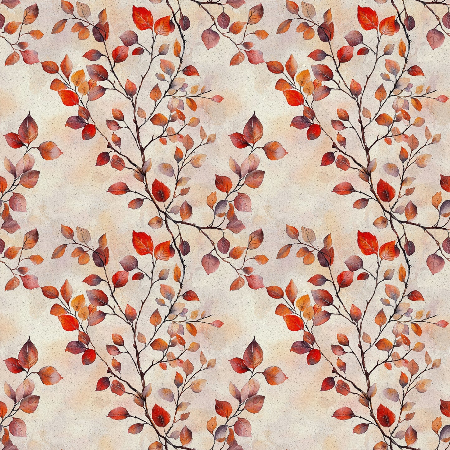 autumn leaves, fall foliage, red leaves, orange leaves, burgundy leaves, brown branches, seasonal pattern, nature design, botanical print, watercolor style, quilting cotton, fabric panel, warm tones, earth colors, leaf branches, organic motif, rustic charm, cozy atmosphere, repeating pattern, crafting material