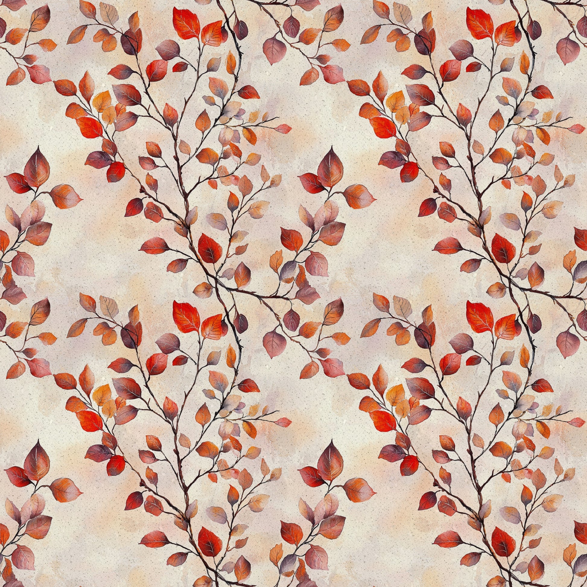 autumn leaves, fall foliage, red leaves, orange leaves, burgundy leaves, brown branches, seasonal pattern, nature design, botanical print, watercolor style, quilting cotton, fabric panel, warm tones, earth colors, leaf branches, organic motif, rustic charm, cozy atmosphere, repeating pattern, crafting material