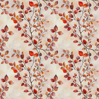 autumn leaves, fall foliage, red leaves, orange leaves, burgundy leaves, brown branches, seasonal pattern, nature design, botanical print, watercolor style, quilting cotton, fabric panel, warm tones, earth colors, leaf branches, organic motif, rustic charm, cozy atmosphere, repeating pattern, crafting material