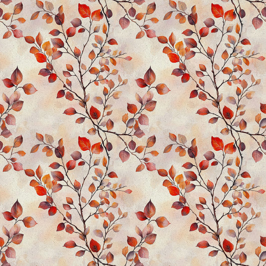 autumn leaves, fall foliage, red leaves, orange leaves, burgundy leaves, brown branches, seasonal pattern, nature design, botanical print, watercolor style, quilting cotton, fabric panel, warm tones, earth colors, leaf branches, organic motif, rustic charm, cozy atmosphere, repeating pattern, crafting material