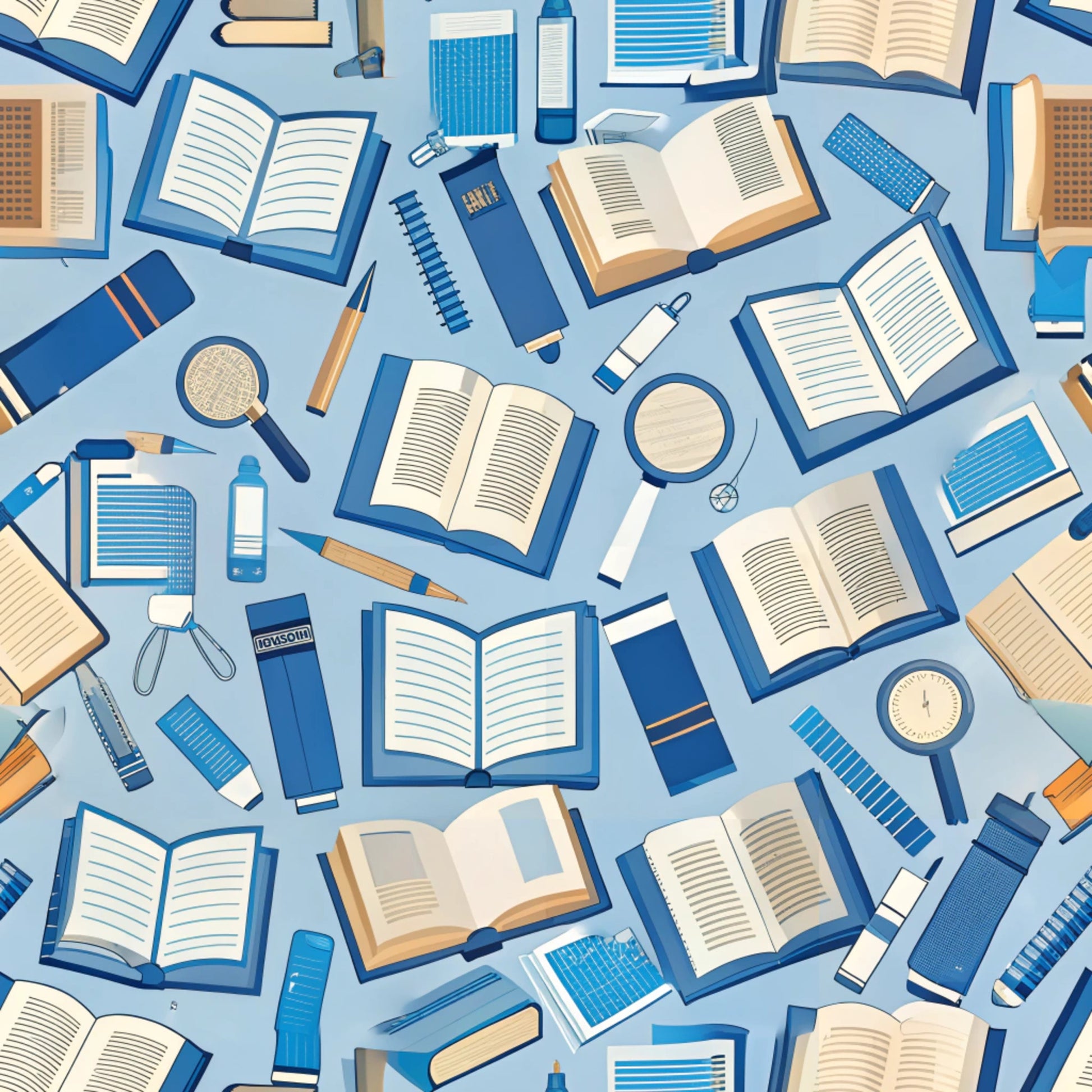 light blue, navy blue, cream, tan, open books, school supplies, pencils, pens, notebooks, magnifying glass, educational theme, back to school, academic pattern, student supplies, quilting cotton, fabric panel, seamless repeat, scattered design, learning motif, study materials