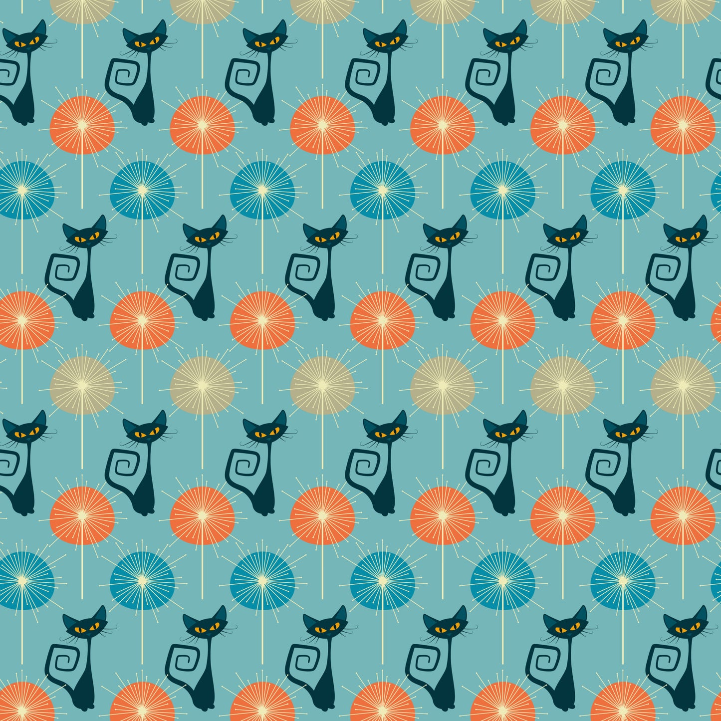 turquoise background, atomic cats, black cats, yellow eyes, orange circles, blue circles, beige circles, sunburst pattern, mid-century modern, retro style, geometric design, stylized felines, curly tails, repeating pattern, quilting cotton, fabric panel, atomic era, vintage inspired, starburst motifs, modern cats