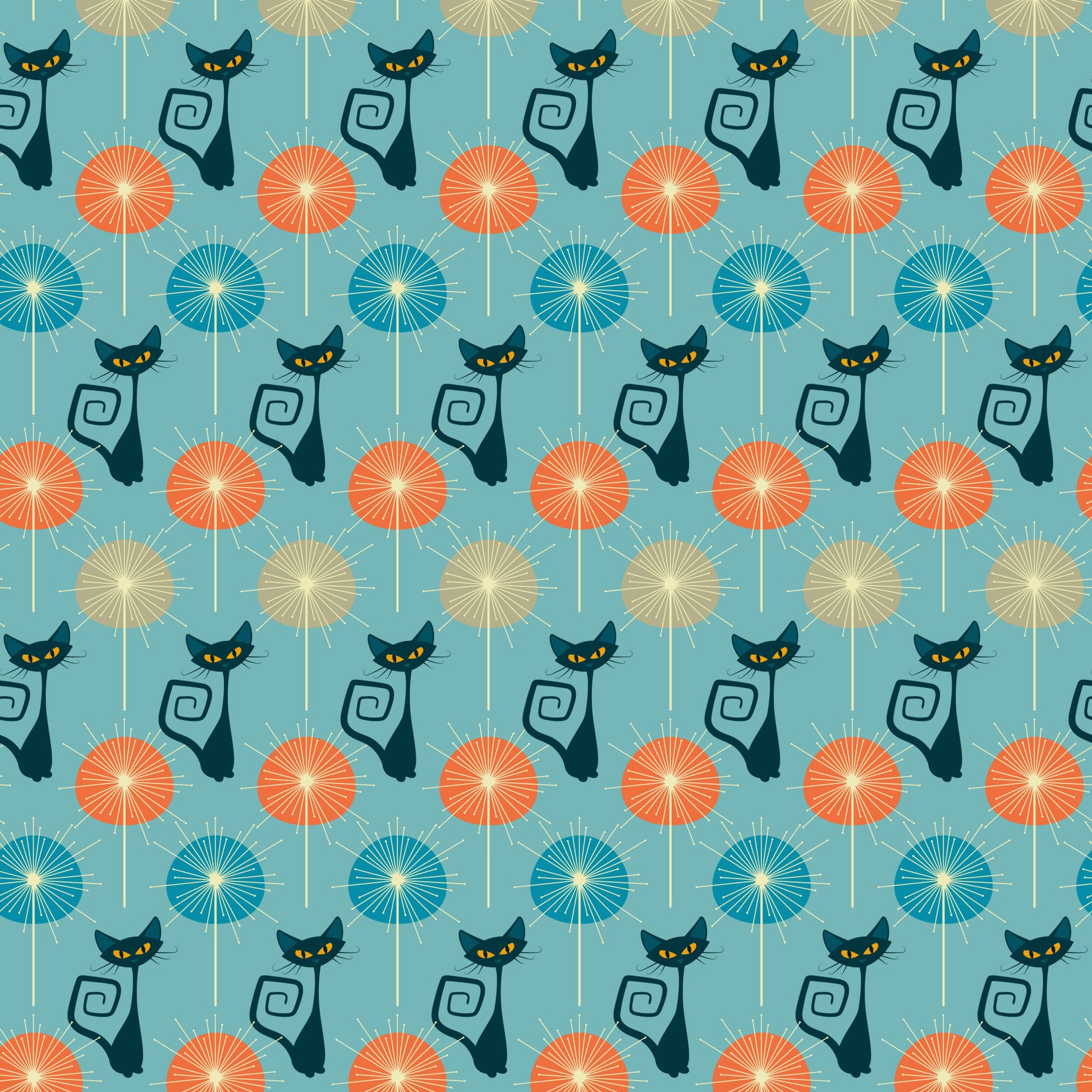 turquoise background, atomic cats, black cats, yellow eyes, orange circles, blue circles, beige circles, sunburst pattern, mid-century modern, retro style, geometric design, stylized felines, curly tails, repeating pattern, quilting cotton, fabric panel, atomic era, vintage inspired, starburst motifs, modern cats