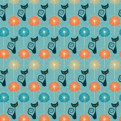 turquoise background, atomic cats, black cats, yellow eyes, orange circles, blue circles, beige circles, sunburst pattern, mid-century modern, retro style, geometric design, stylized felines, curly tails, repeating pattern, quilting cotton, fabric panel, atomic era, vintage inspired, starburst motifs, modern cats