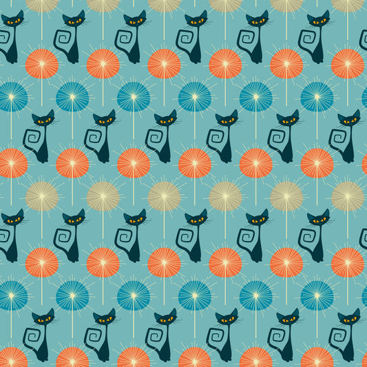 turquoise background, atomic cats, black cats, yellow eyes, orange circles, blue circles, beige circles, sunburst pattern, mid-century modern, retro style, geometric design, stylized felines, curly tails, repeating pattern, quilting cotton, fabric panel, atomic era, vintage inspired, starburst motifs, modern cats