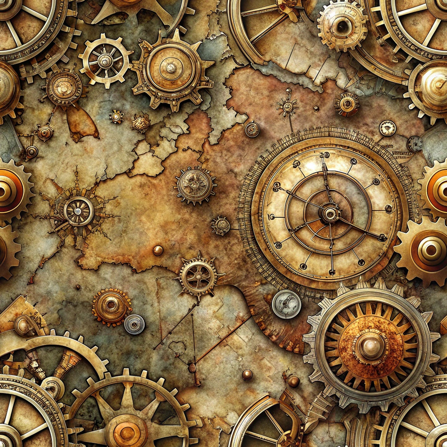 bronze, copper, gold, brass, antique maps, steampunk gears, mechanical clockwork, vintage compass, ornate cogs, weathered parchment, industrial machinery, victorian era, metallic accents, aged patina, intricate mechanisms, quilting cotton, fabric panel, rustic brown, sepia tones, steampunk aesthetic