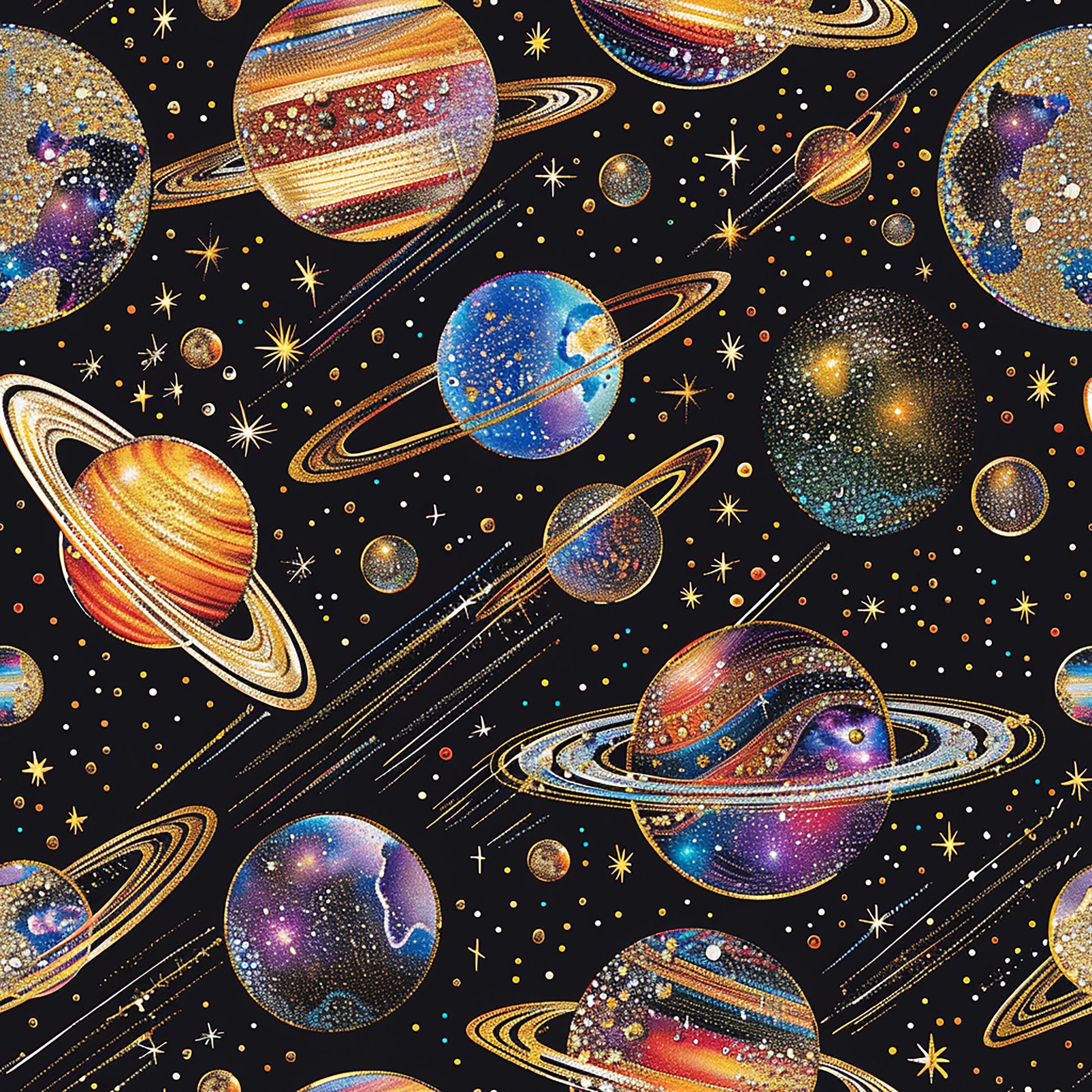 planets, solar system, space theme, cosmic design, saturn rings, celestial bodies, stars, galaxies, black background, gold accents, blue planets, purple nebula, orange saturn, multicolored cosmos, astronomical pattern, quilting cotton, fabric panel, space exploration, universe motif, stellar design