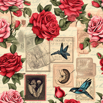 vintage stamps, roses, red roses, pink roses, cream background, hummingbirds, blue birds, butterfly, handwritten text, postal theme, floral pattern, romantic motifs, nostalgic design, quilting cotton, fabric panel, botanical elements, antique style, soft pastels, nature imagery, stamped illustrations