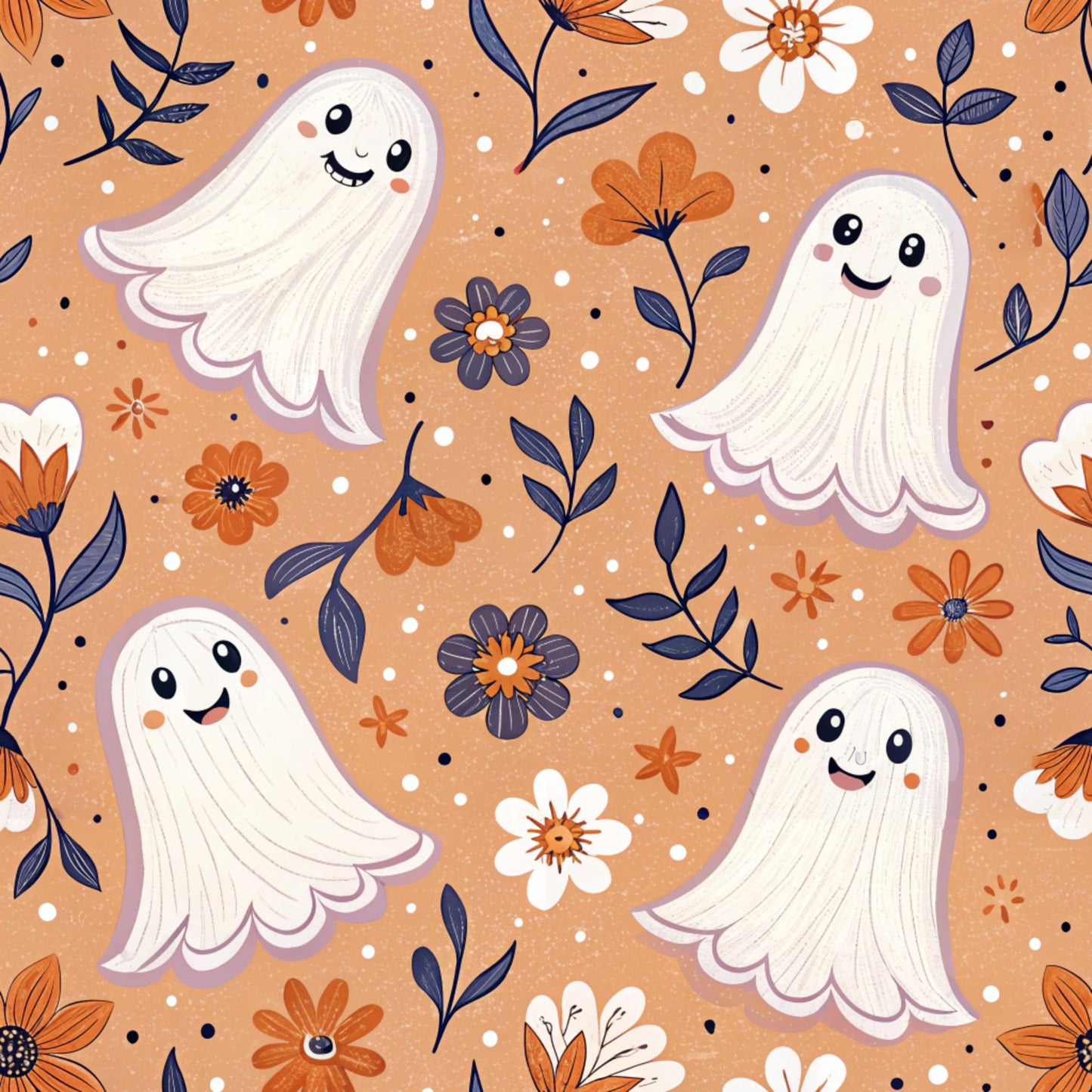 cute ghosts, orange background, white ghosts, floral pattern, autumn flowers, navy blue leaves, retro style, halloween theme, quilting cotton, fabric panel, cheerful ghosts, smiling faces, botanical elements, orange flowers, white blooms, whimsical design, seasonal motifs, cotton fabric, crafting material, spooky cute