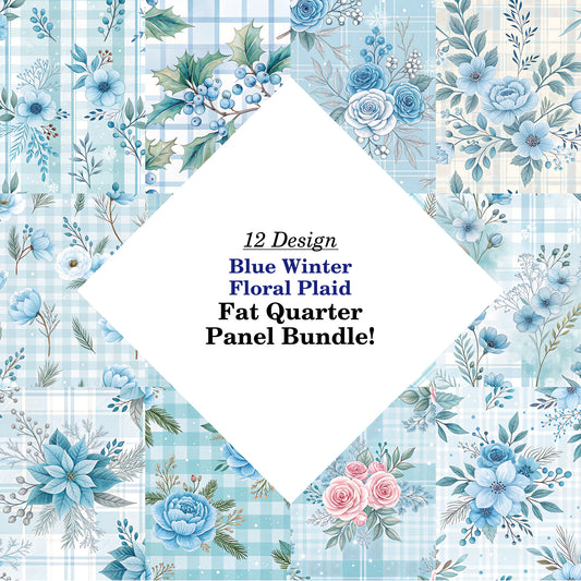 Blue Winter Floral Plaid Fat Quarter Bundle
