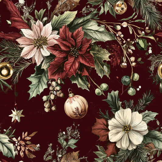 burgundy, maroon, deep red, cream, sage green, gold accents, christmas florals, poinsettias, pine branches, evergreen needles, ornament baubles, winter berries, holly leaves, botanical pattern, vintage illustration, moody floral, quilting cotton, fabric panel, holiday motifs, festive design