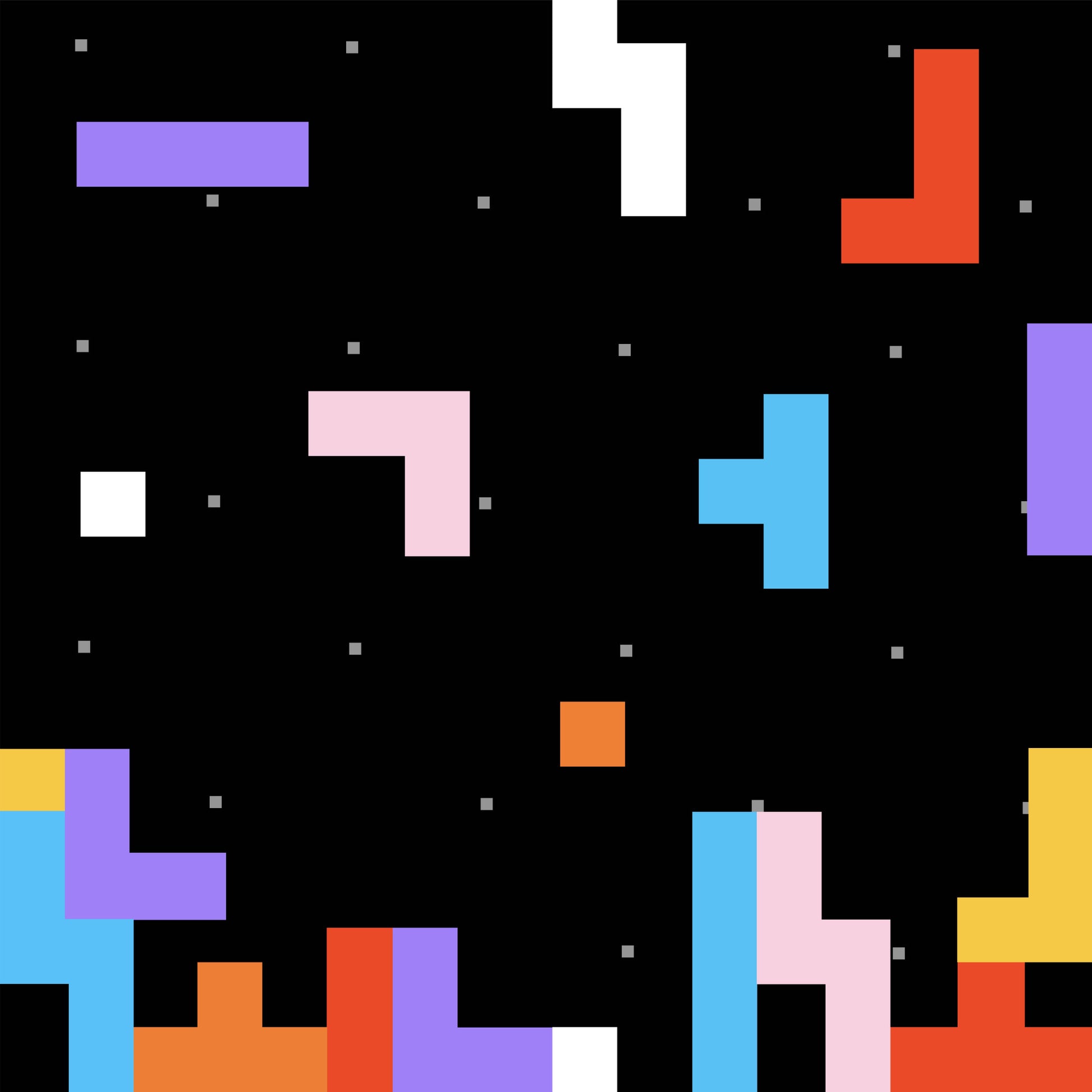 tetris blocks, puzzle pieces, geometric shapes, black background, purple blocks, blue blocks, orange blocks, pink blocks, red blocks, yellow blocks, white blocks, gaming pattern, video game inspired, colorful squares, interlocking pieces, digital art style, modern geometric, quilting cotton, fabric panel, block matching game