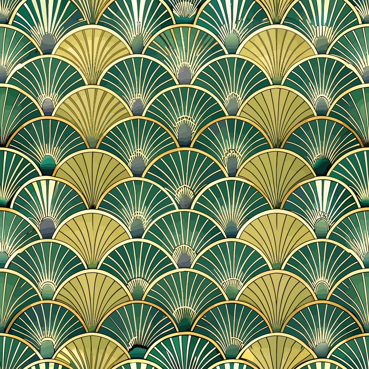 art deco, fan pattern, geometric design, emerald green, forest green, gold, cream, beige, overlapping scales, radiating lines, vintage style, 1920s inspired, luxurious, elegant motif, repeating pattern, quilting cotton, fabric panel, scalloped shapes, metallic accents, peacock feathers