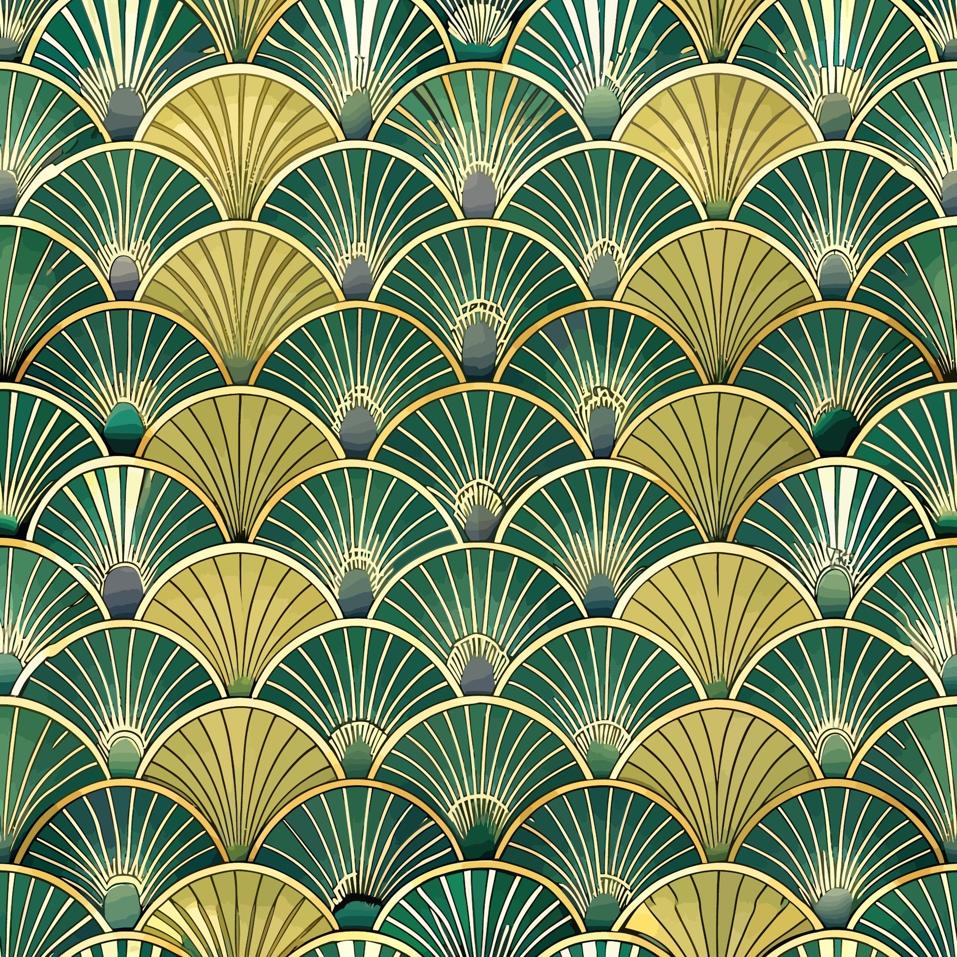 art deco, fan pattern, geometric design, emerald green, forest green, gold, cream, beige, overlapping scales, radiating lines, vintage style, 1920s inspired, luxurious, elegant motif, repeating pattern, quilting cotton, fabric panel, scalloped shapes, metallic accents, peacock feathers
