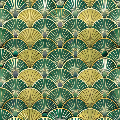 art deco, fan pattern, geometric design, emerald green, forest green, gold, cream, beige, overlapping scales, radiating lines, vintage style, 1920s inspired, luxurious, elegant motif, repeating pattern, quilting cotton, fabric panel, scalloped shapes, metallic accents, peacock feathers
