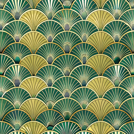 art deco, fan pattern, geometric design, emerald green, forest green, gold, cream, beige, overlapping scales, radiating lines, vintage style, 1920s inspired, luxurious, elegant motif, repeating pattern, quilting cotton, fabric panel, scalloped shapes, metallic accents, peacock feathers