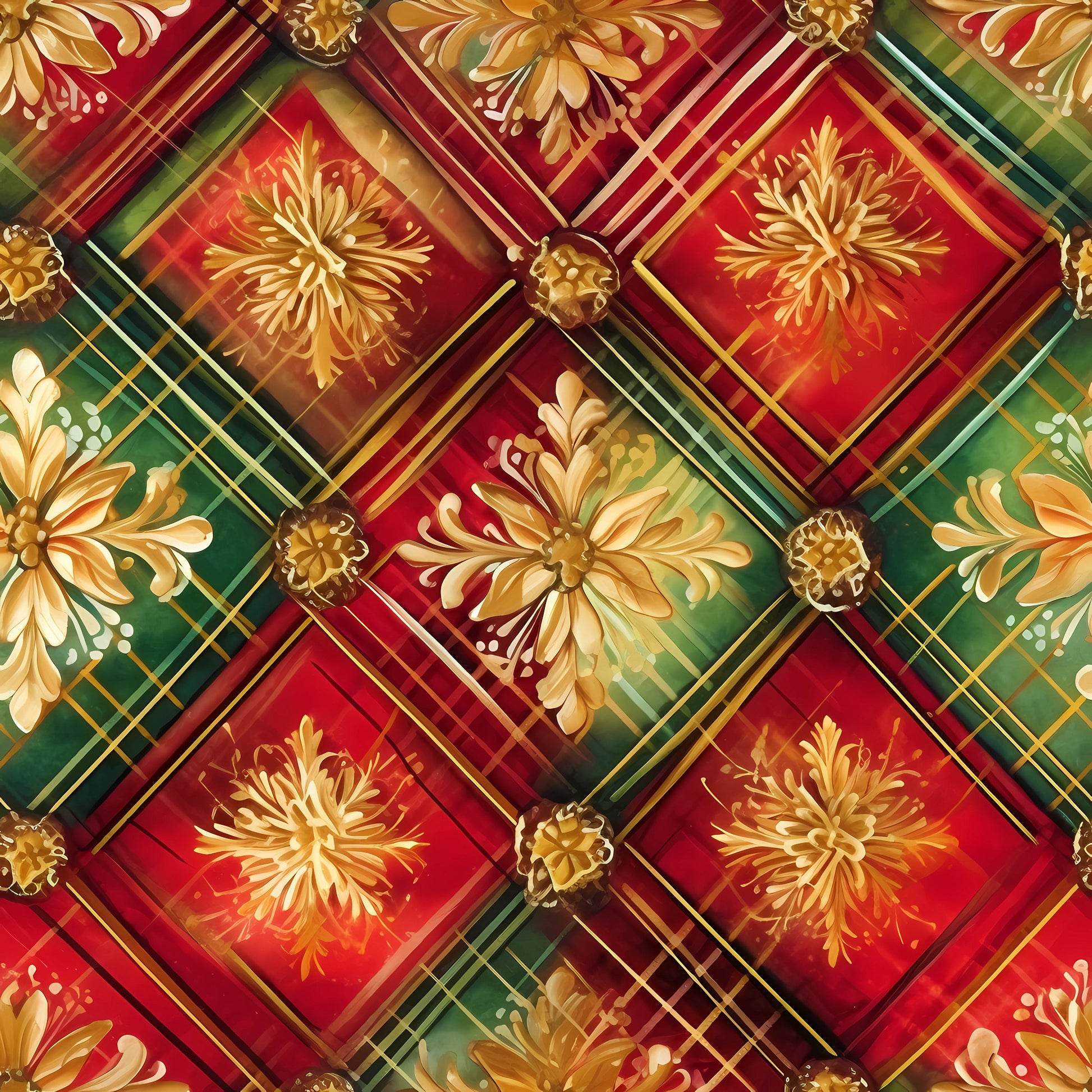 red, green, gold, christmas, plaid, tartan, floral motifs, chrysanthemums, diagonal pattern, geometric design, quilting cotton, fabric panel, holiday fabric, festive colors, checkered background, golden flowers, winter blooms, seasonal fabric, craft fabric, patchwork design
