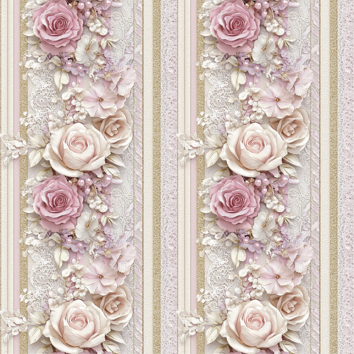 dusky pink, cream, gold, blush, vertical stripes, floral arrangement, roses, small flowers, lace details, quilting cotton, fabric panel, romantic style, soft pastels, vintage inspired, delicate blooms, striped pattern, feminine design, layered florals, shabby chic, wedding colors