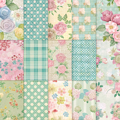 spring patchwork, quilting cotton, fabric panel, pastel colors, mint green, soft pink, cream, yellow, floral motifs, roses, peonies, polka dots, gingham check, diamond pattern, vintage flowers, cottage core, shabby chic, botanical elements, delicate blooms, patchwork squares