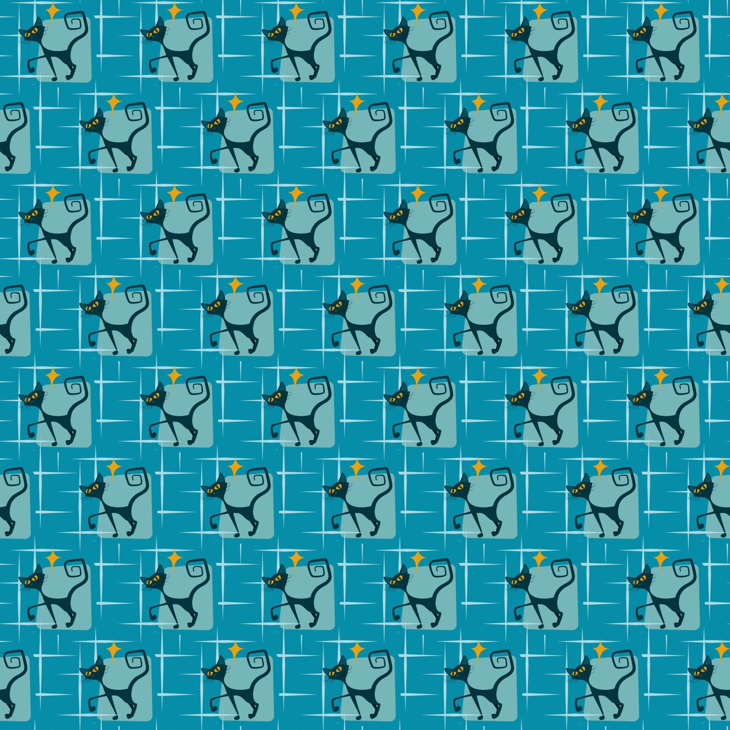atomic kitty, mid-century modern, retro cats, turquoise blue, teal background, orange diamonds, geometric pattern, stylized cats, 1950s style, atomic age, quilting cotton, repeating pattern, vintage inspired, mod design, angular cats, boomerang shapes, starbursts, fabric panel, craft fabric, retro atomic