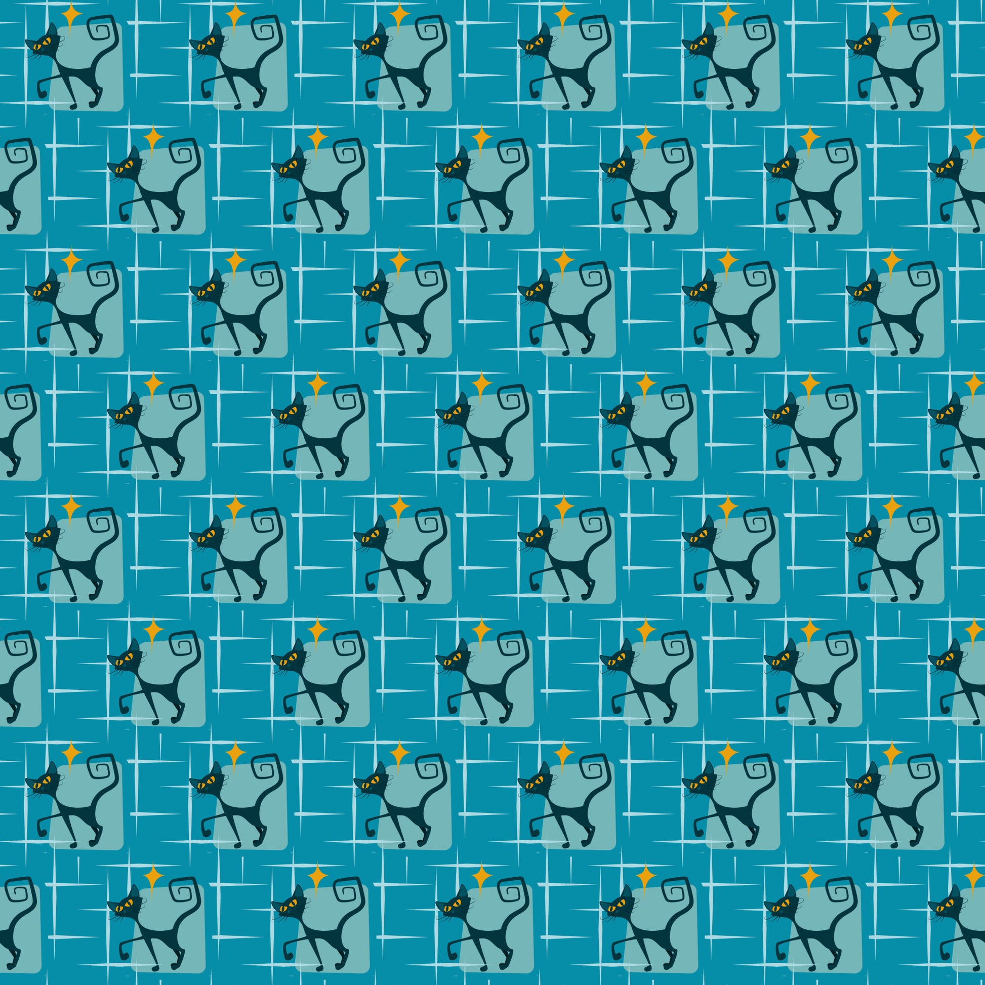 atomic kitty, mid-century modern, retro cats, turquoise blue, teal background, orange diamonds, geometric pattern, stylized cats, 1950s style, atomic age, quilting cotton, repeating pattern, vintage inspired, mod design, angular cats, boomerang shapes, starbursts, fabric panel, craft fabric, retro atomic