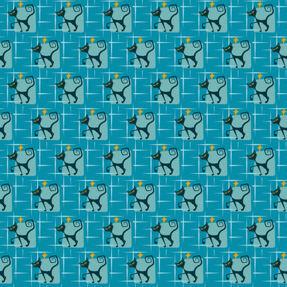 atomic kitty, mid-century modern, retro cats, turquoise blue, teal background, orange diamonds, geometric pattern, stylized cats, 1950s style, atomic age, quilting cotton, repeating pattern, vintage inspired, mod design, angular cats, boomerang shapes, starbursts, fabric panel, craft fabric, retro atomic