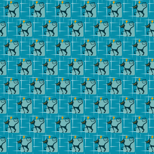 atomic kitty, mid-century modern, retro cats, turquoise blue, teal background, orange diamonds, geometric pattern, stylized cats, 1950s style, atomic age, quilting cotton, repeating pattern, vintage inspired, mod design, angular cats, boomerang shapes, starbursts, fabric panel, craft fabric, retro atomic