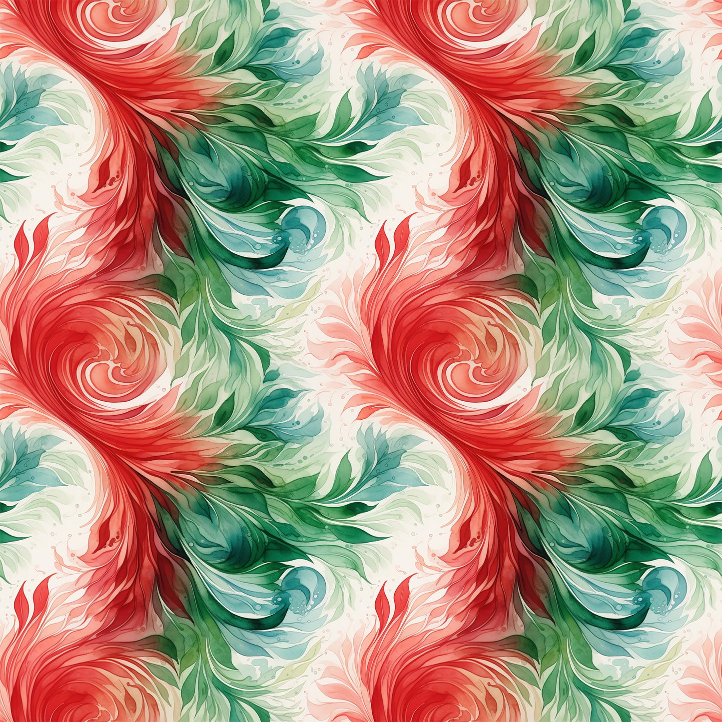 coral red, forest green, teal blue, cream white, watercolor swirls, flowing spirals, abstract pattern, seamless design, painterly style, christmas colors, holiday fabric, quilting cotton, fabric panel, organic movement, fluid brushstrokes, festive palette, artistic swirls, decorative motifs, winter theme, craft fabric