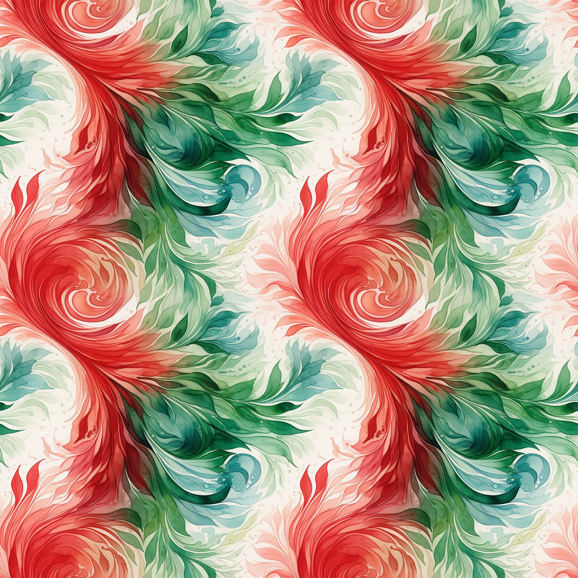 coral red, forest green, teal blue, cream white, watercolor swirls, flowing spirals, abstract pattern, seamless design, painterly style, christmas colors, holiday fabric, quilting cotton, fabric panel, organic movement, fluid brushstrokes, festive palette, artistic swirls, decorative motifs, winter theme, craft fabric